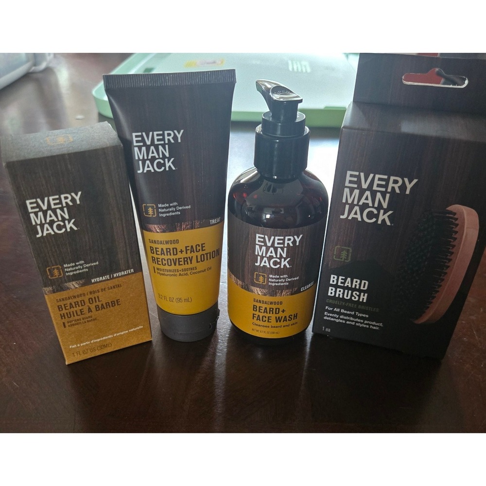 Every Man Jack Sandalwood Beard Care Set Wash Lotion Oil Brush 4 Piece Kit